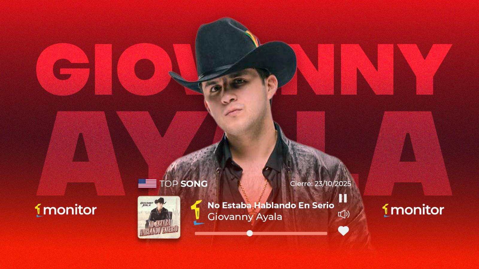 Giovanny Ayala conquista el #1 del Top monitorLATINO USA con “No Estaba Hablando En Serio”