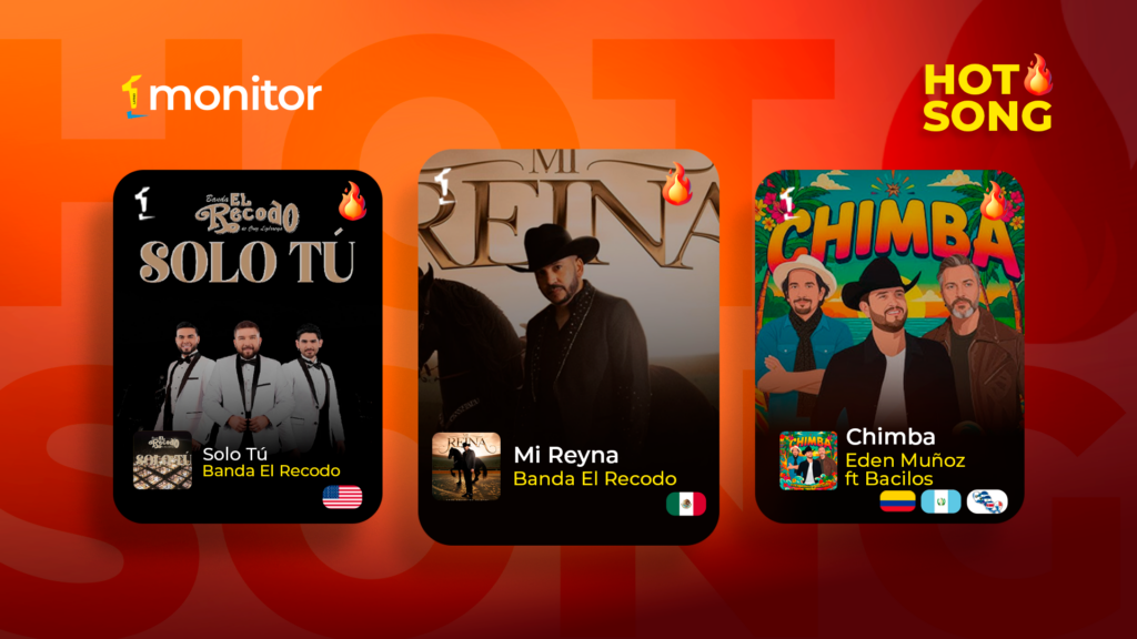Imagen promocional de las Hot Song monitorLATINO: “Solo Tú” de Banda El Recodo, “Mi Reyna” de Banda El Recodo y “Chimba” de Eden Muñoz ft. Bacilos.