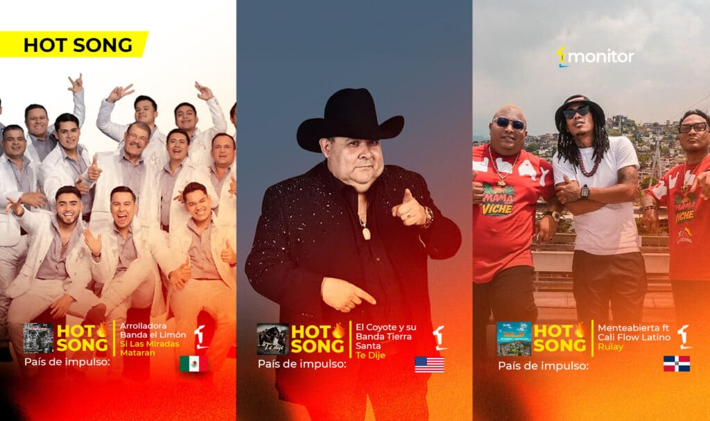 Collage gráfico con los cantantes de La Arrolladora Banda El Limón, El Coyote y Grupo Sentymiento, destacando como líderes de las tendencias musicales semanales de monitorLATINO.