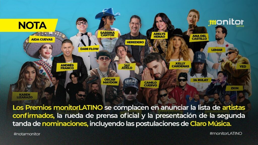 Los Premios Monitor Latino se complacen en anunciar la lista de artistas confirmados, la rueda de prensa oficial y la presentación de la segunda tanda de nominaciones, incluyendo las postulaciones de Claro Música